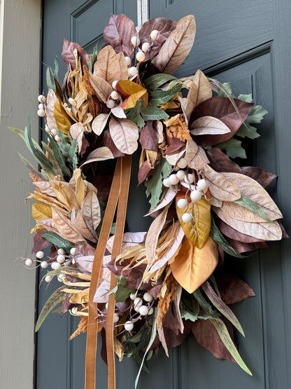 Neutral Fall Wreath with Berries & Gold Velvet Ribbon