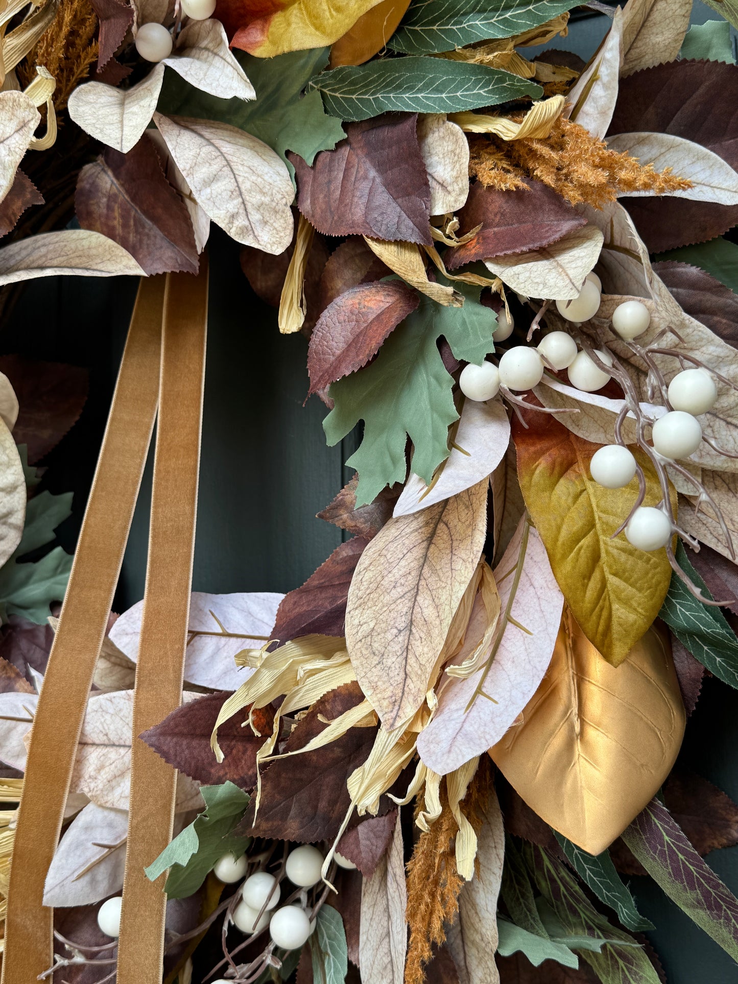 Neutral Fall Wreath with Berries & Gold Velvet Ribbon
