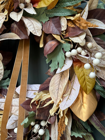 Neutral Fall Wreath with Berries & Gold Velvet Ribbon