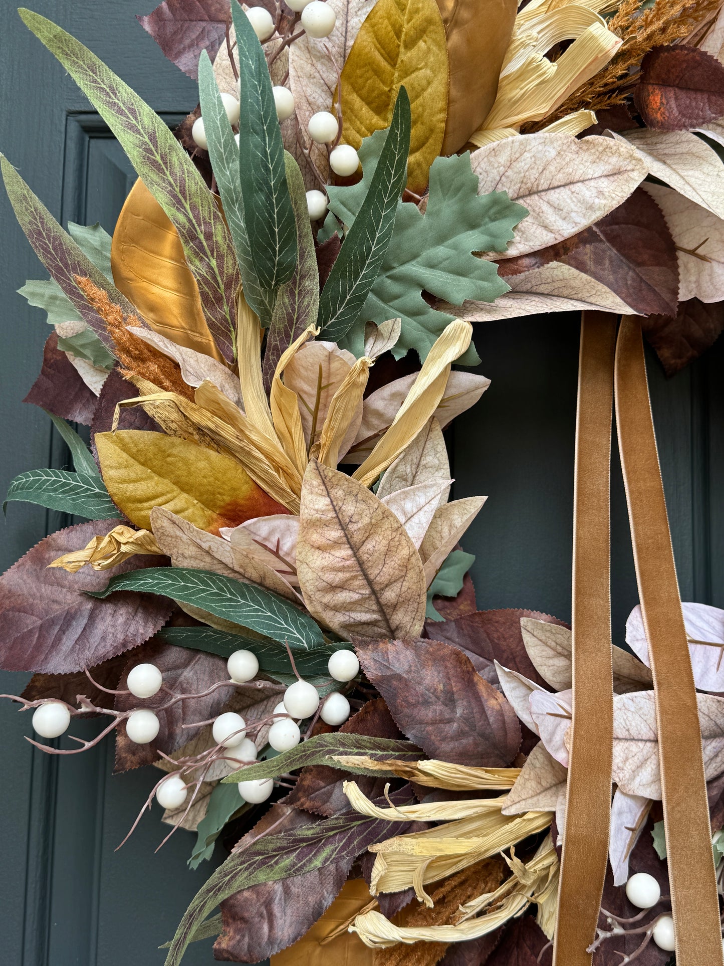 Neutral Fall Wreath with Berries & Gold Velvet Ribbon