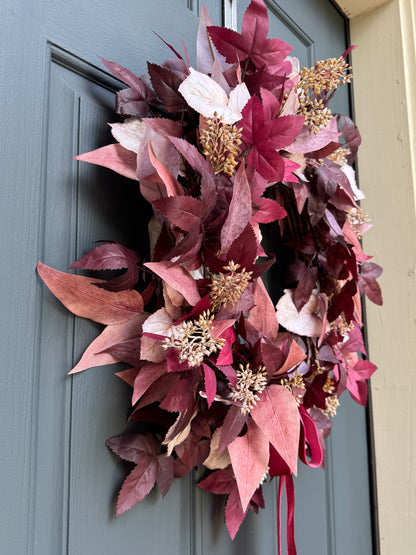 Burgundy Cimicifuga & Cream Fall Wreath with Berries & Velvet Bow