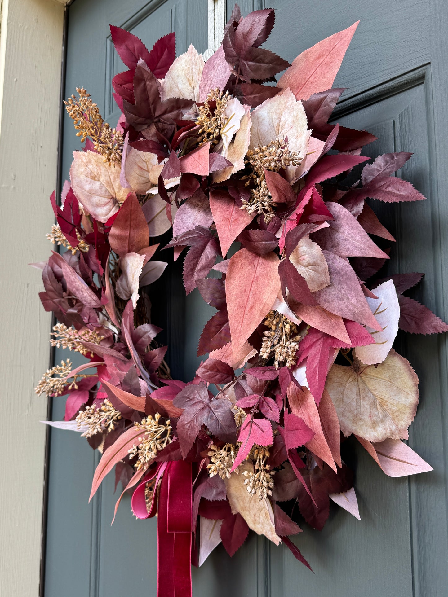 Burgundy Cimicifuga & Cream Fall Wreath with Berries & Velvet Bow