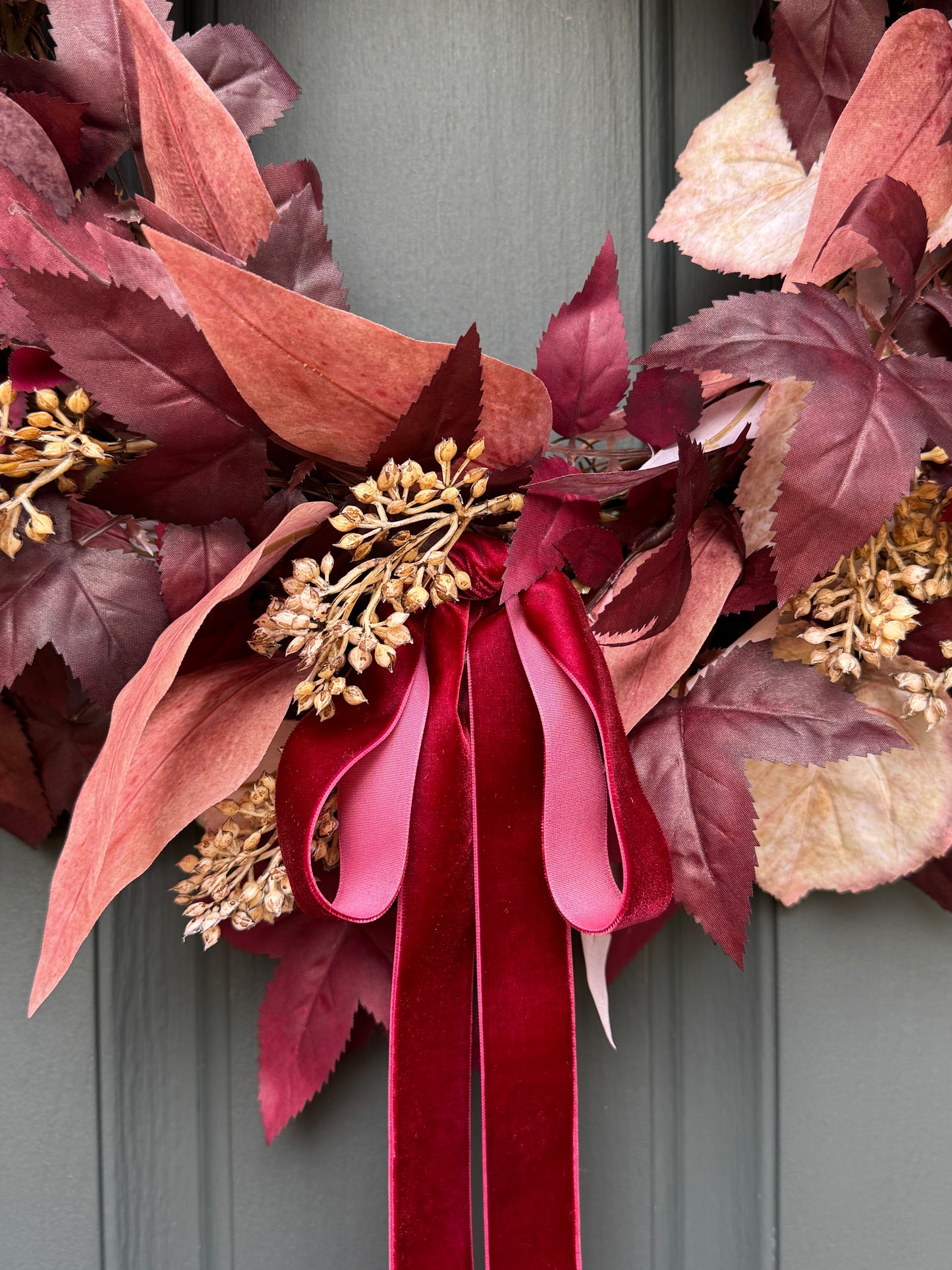 Burgundy Cimicifuga & Cream Fall Wreath with Berries & Velvet Bow