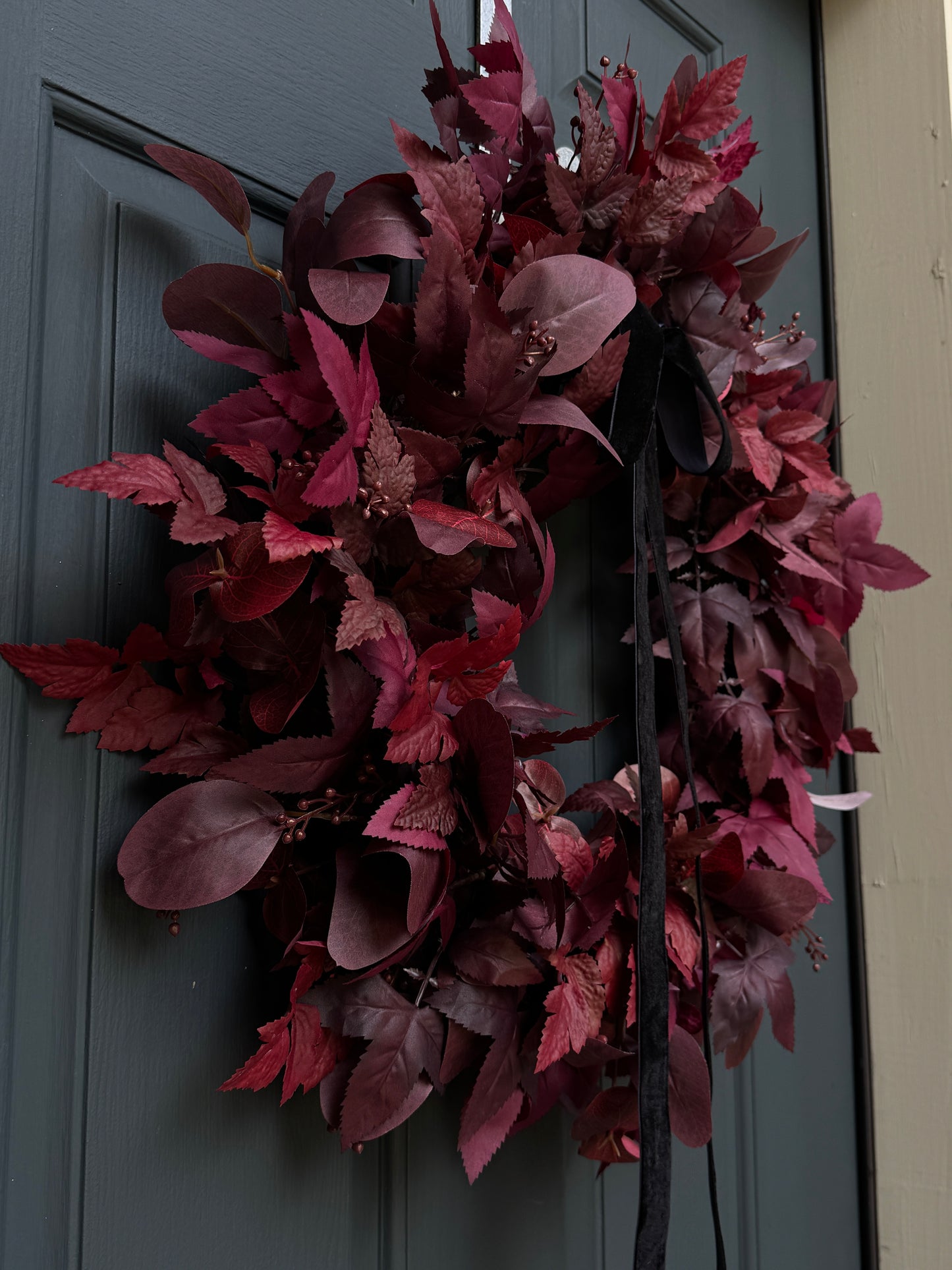 Moody Burgundy Fall & Halloween Wreath with Black Velvet Bow