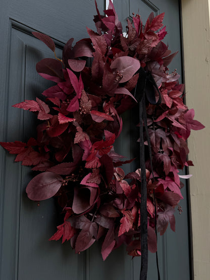 Moody Burgundy Fall & Halloween Wreath with Black Velvet Bow