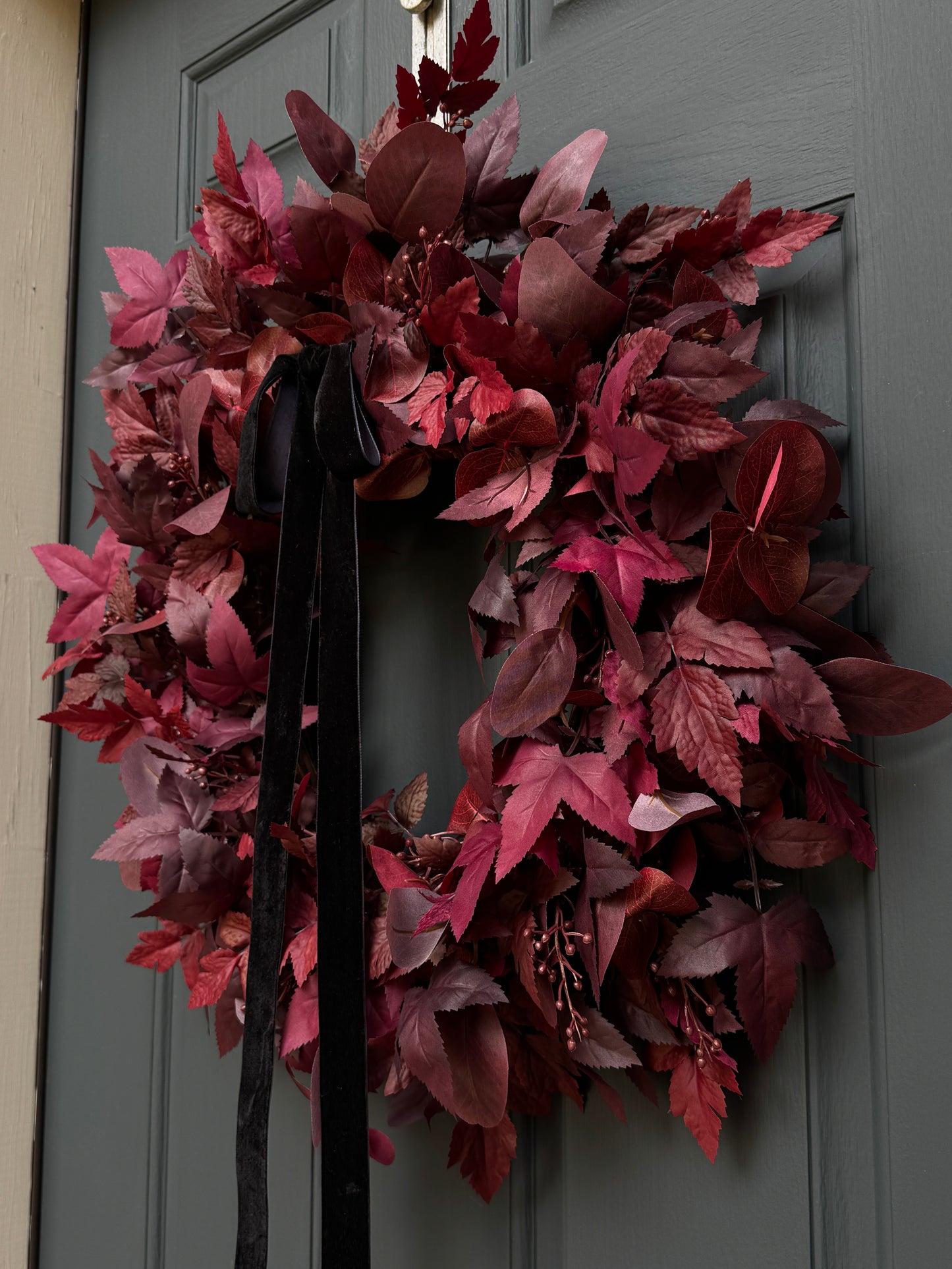 Moody Burgundy Fall & Halloween Wreath with Black Velvet Bow