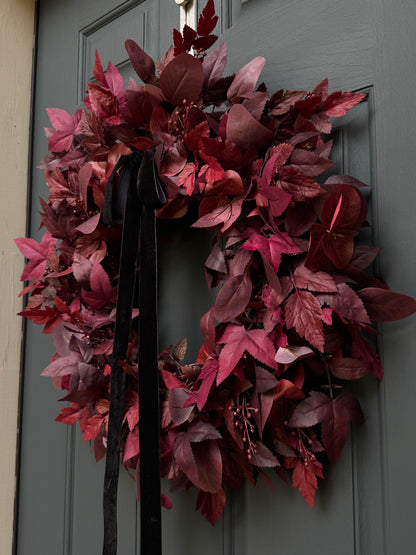 Moody Burgundy Fall & Halloween Wreath with Black Velvet Bow