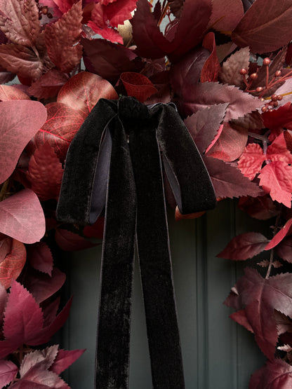 Moody Burgundy Fall & Halloween Wreath with Black Velvet Bow