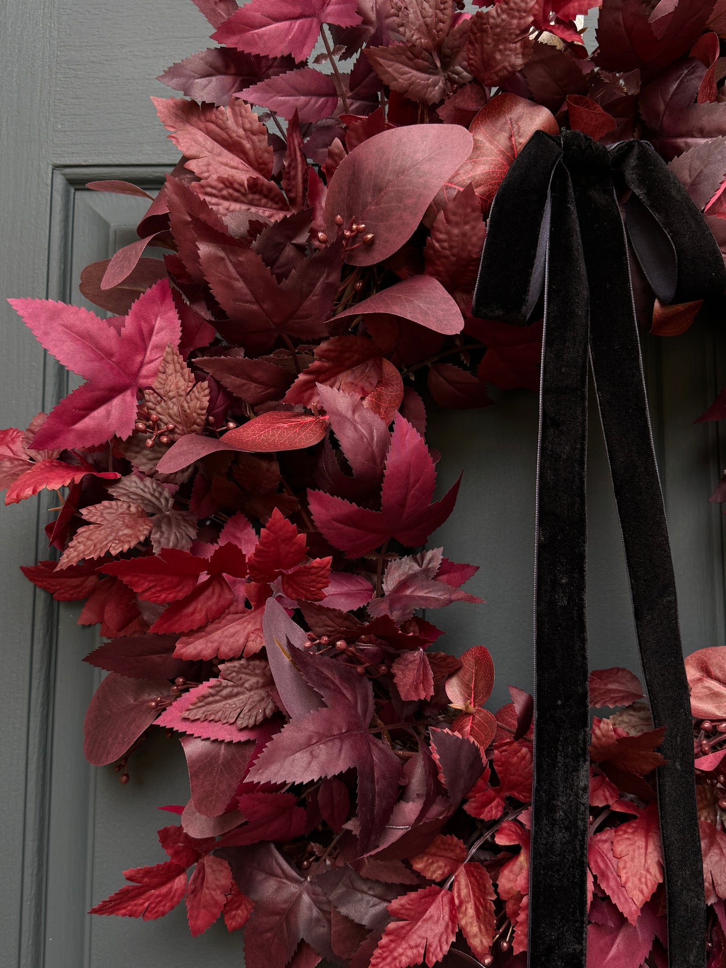 Moody Burgundy Fall & Halloween Wreath with Black Velvet Bow