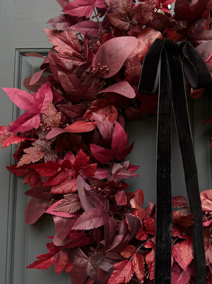 Moody Burgundy Fall & Halloween Wreath with Black Velvet Bow