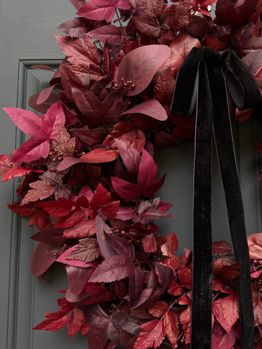 Moody Burgundy Fall & Halloween Wreath with Black Velvet Bow