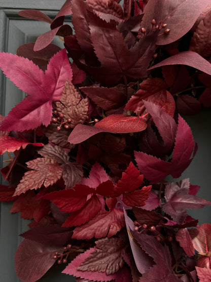 Moody Burgundy Fall & Halloween Wreath with Black Velvet Bow