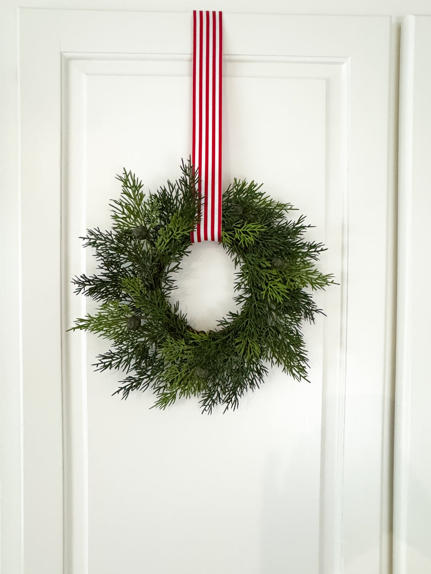 Mini Cedar Christmas Wreath Set with Red & White Striped Ribbon