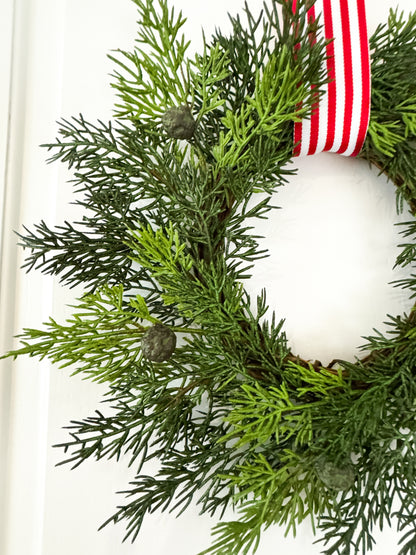 Mini Cedar Christmas Wreath Set with Red & White Striped Ribbon
