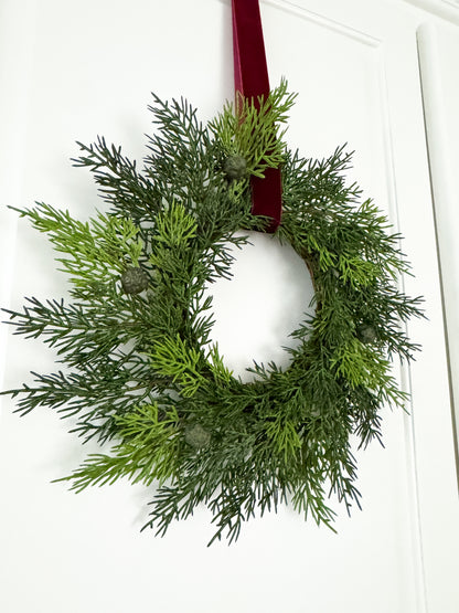 Mini Cedar Christmas Wreath Set with Burgundy Velvet Ribbon