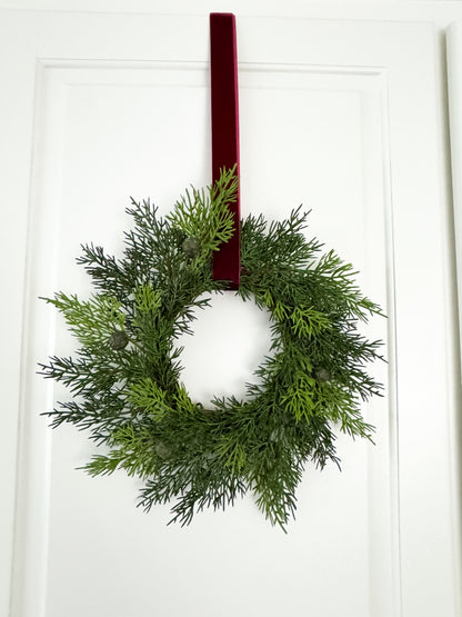 Mini Cedar Christmas Wreath Set with Burgundy Velvet Ribbon