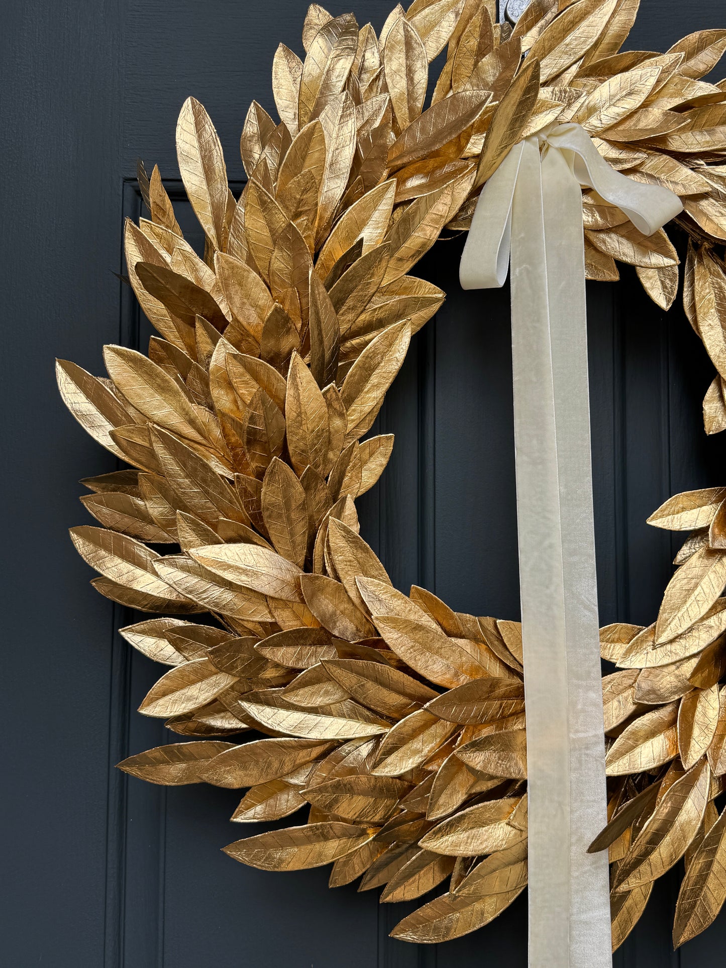 Gold Bay Leaf Christmas Wreath with Ivory Velvet Bow