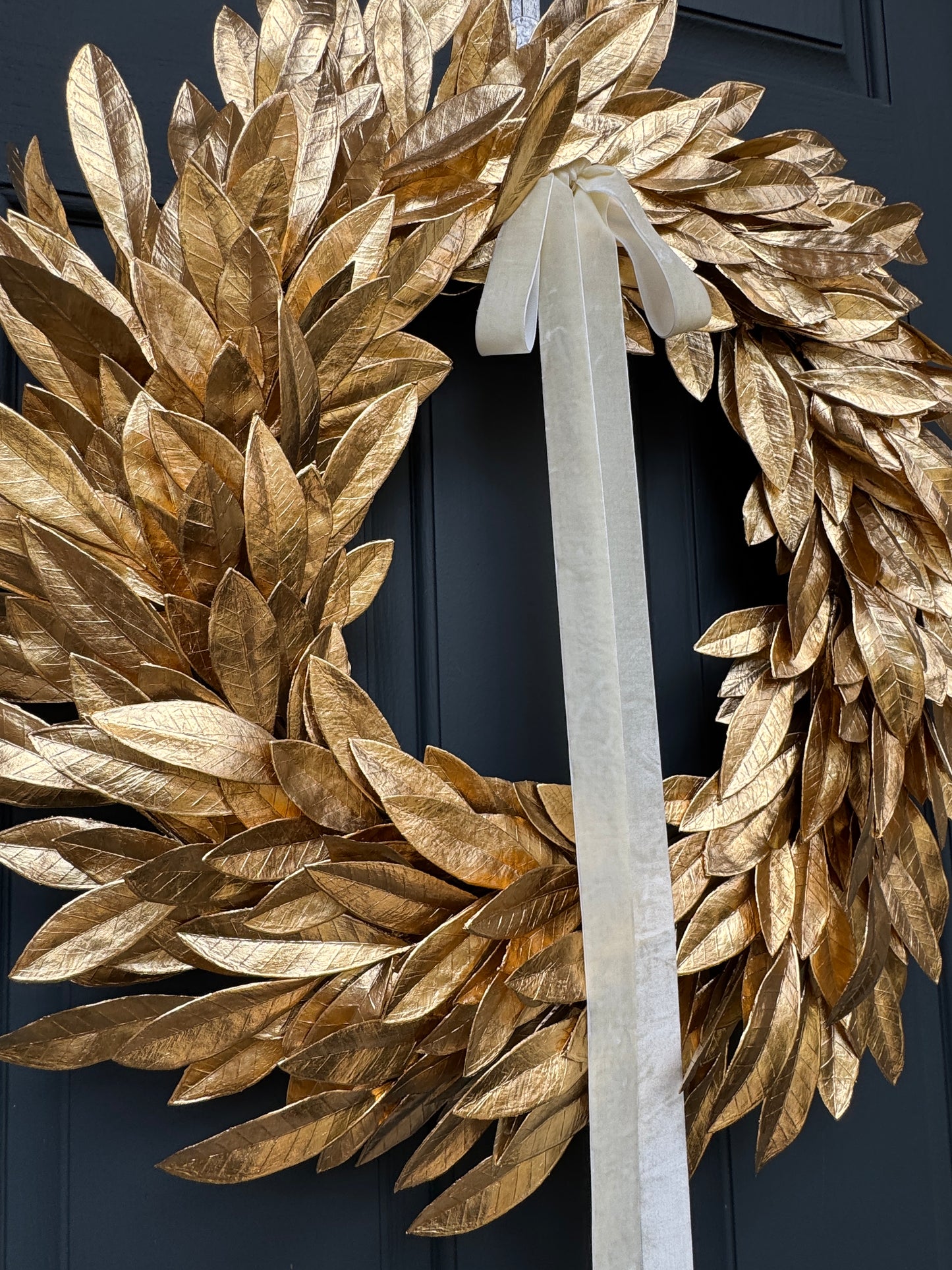 Gold Bay Leaf Christmas Wreath with Ivory Velvet Bow