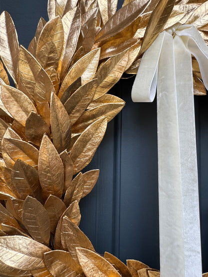 Gold Bay Leaf Christmas Wreath with Ivory Velvet Bow