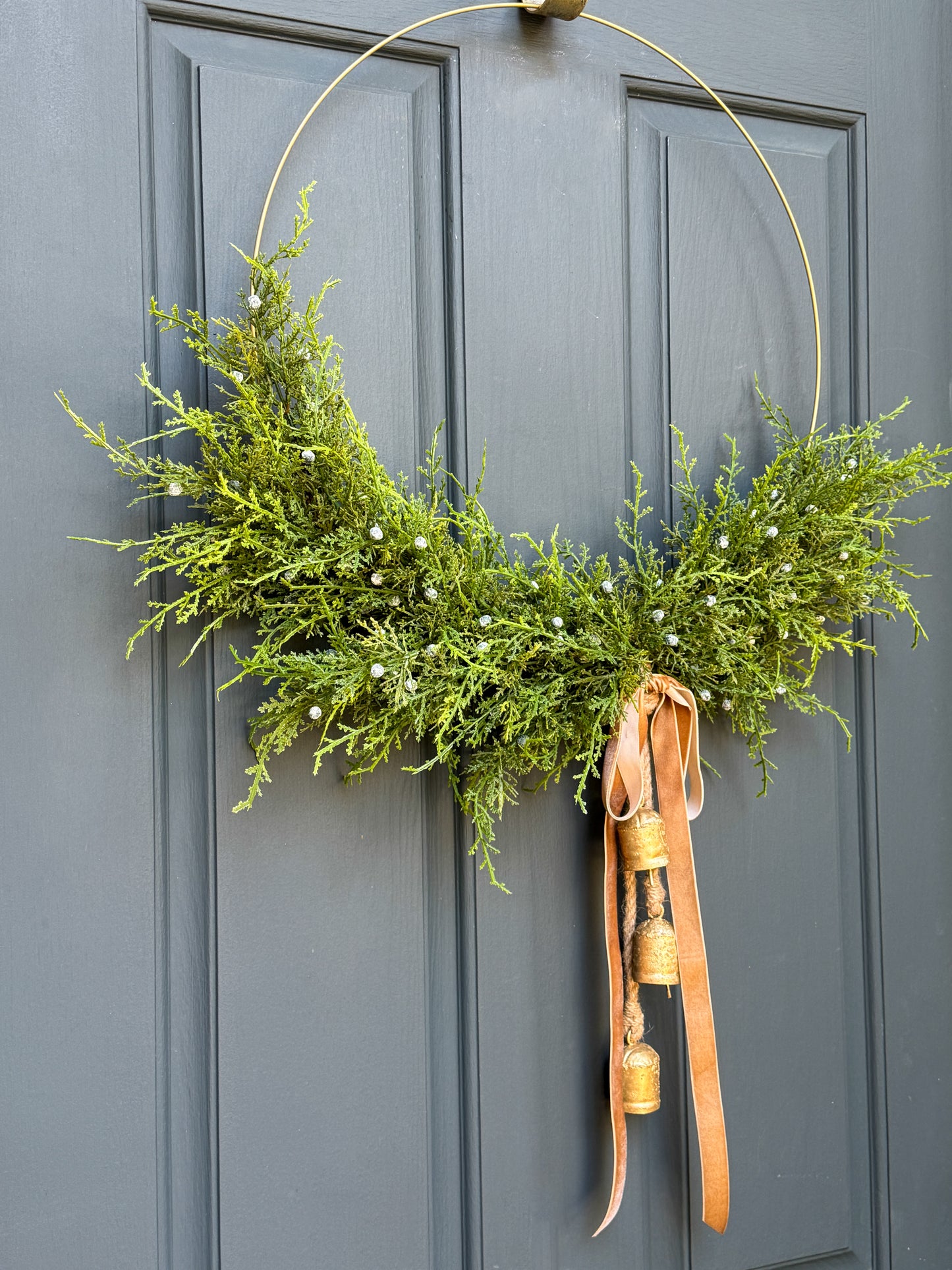 Modern Juniper Christmas Wreath with Hanging Gold Bells