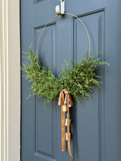 Modern Juniper Christmas Wreath with Hanging Gold Bells