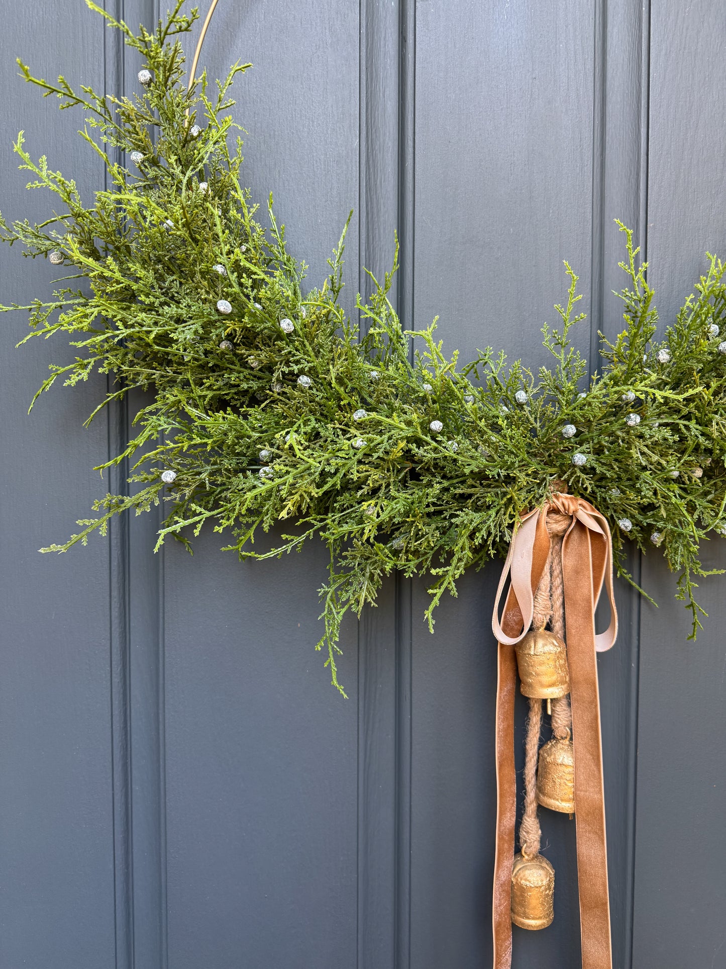 Modern Juniper Christmas Wreath with Hanging Gold Bells