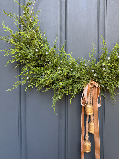 Modern Juniper Christmas Wreath with Hanging Gold Bells