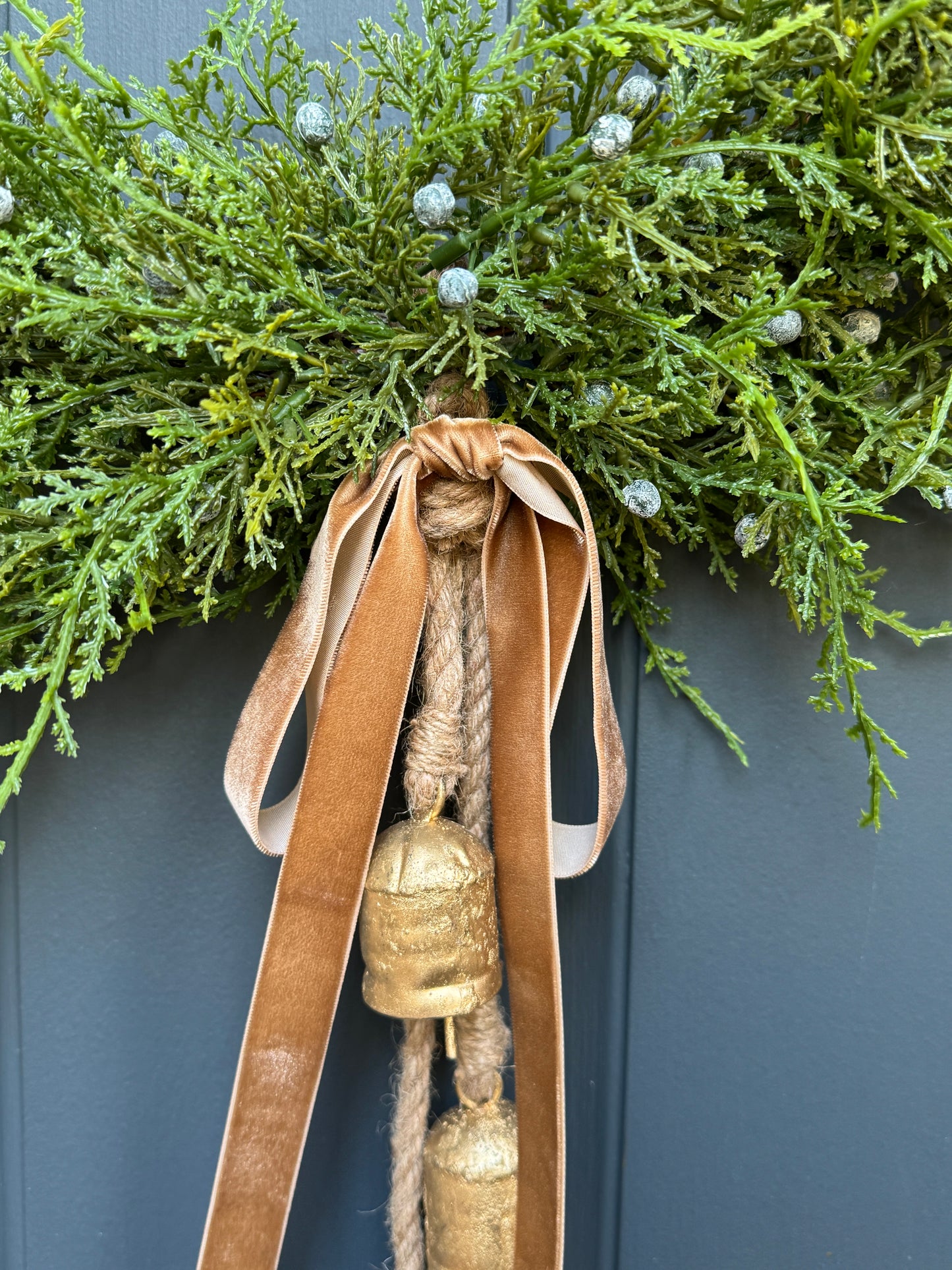 Modern Juniper Christmas Wreath with Hanging Gold Bells