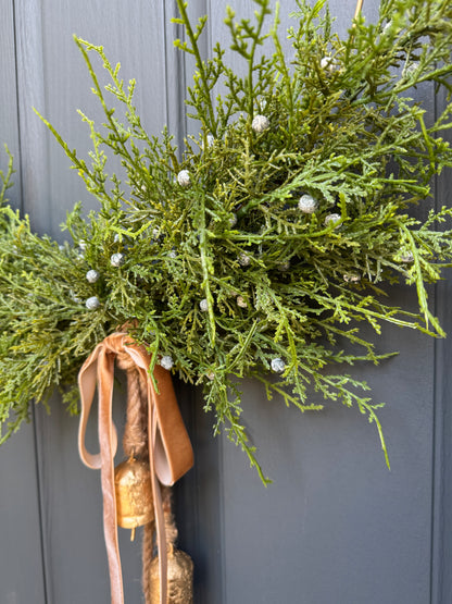 Modern Juniper Christmas Wreath with Hanging Gold Bells
