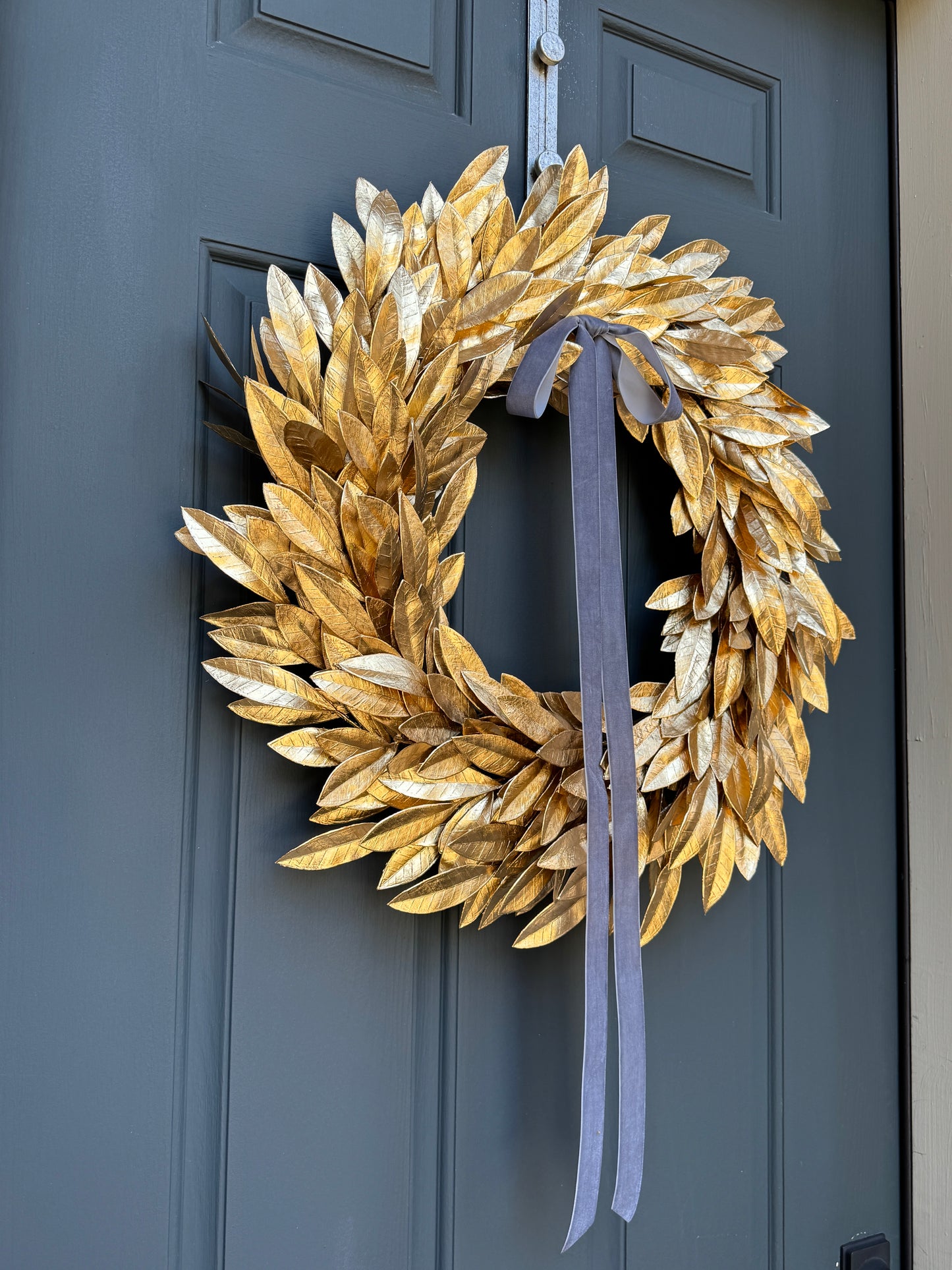 Gold Bay Leaf Christmas Wreath with Ivory Velvet Bow