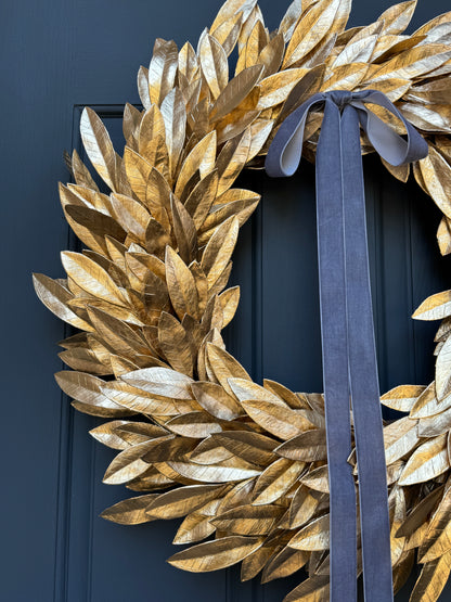 Gold Bay Leaf Christmas Wreath with Ivory Velvet Bow