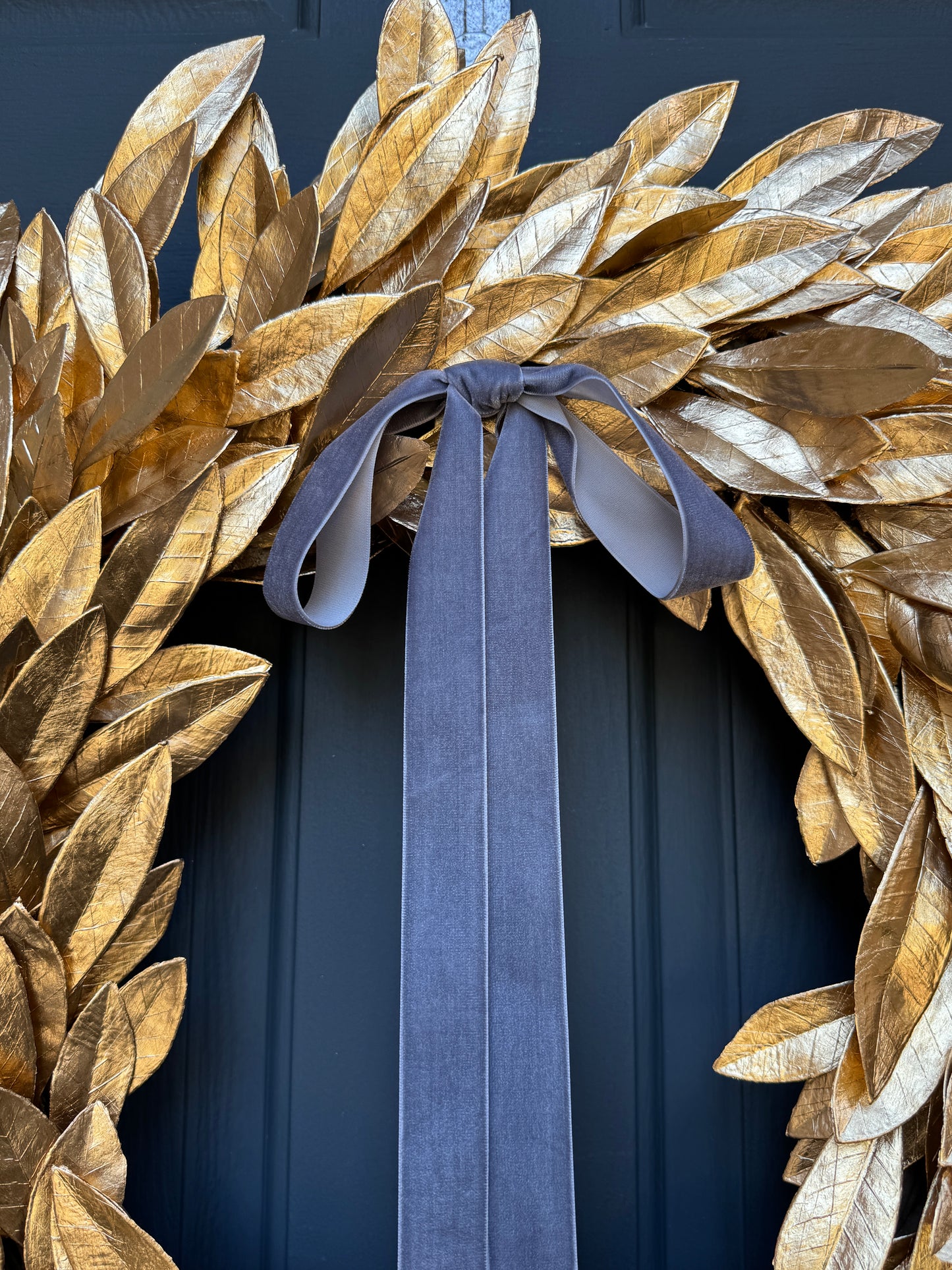Gold Bay Leaf Christmas Wreath with Ivory Velvet Bow