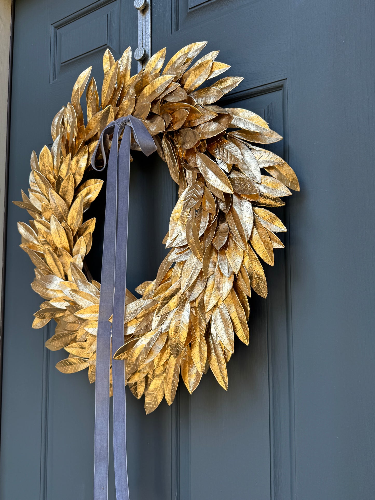 Gold Bay Leaf Christmas Wreath with Ivory Velvet Bow