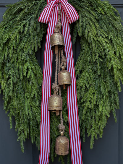 Faux Norfolk Pine Wreath with Bells and Red & White Striped Bow
