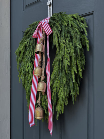 Faux Norfolk Pine Wreath with Bells and Red & White Striped Bow