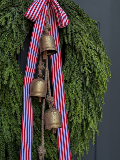Faux Norfolk Pine Wreath with Bells and Red & White Striped Bow