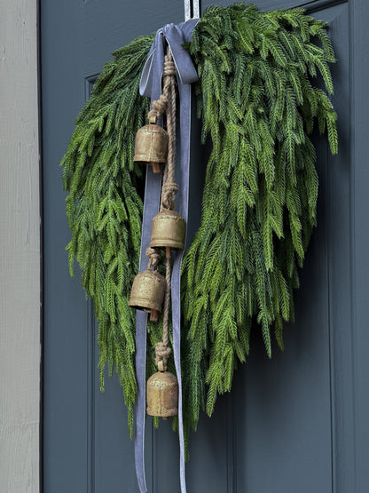 Faux Norfolk Pine Wreath with Bells and Red & White Striped Bow