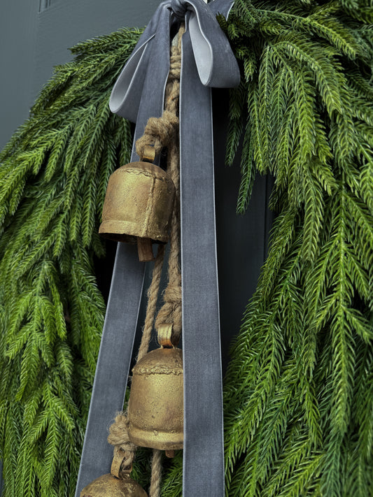 Faux Norfolk Pine Wreath with Bells & Blue Velvet Bow