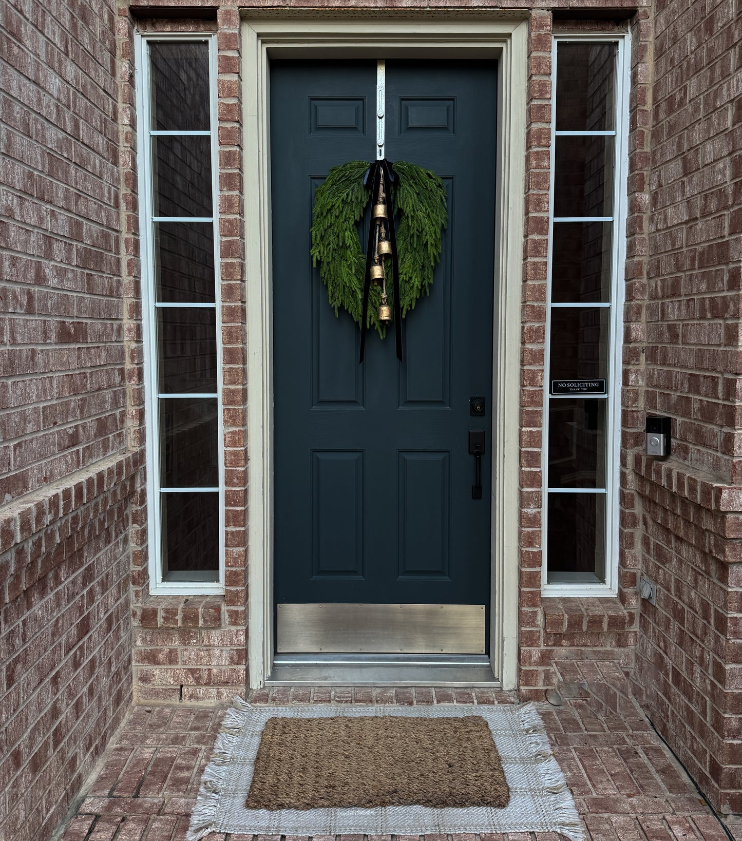 Faux Norfolk Pine Wreath with Bells & Navy Blue Velvet Bow