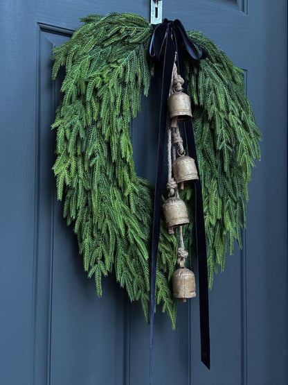 Faux Norfolk Pine Wreath with Bells and Red & White Striped Bow