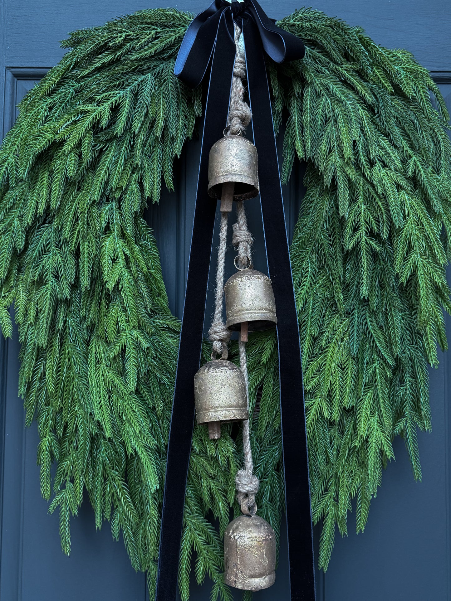 Faux Norfolk Pine Wreath with Bells & Navy Blue Velvet Bow