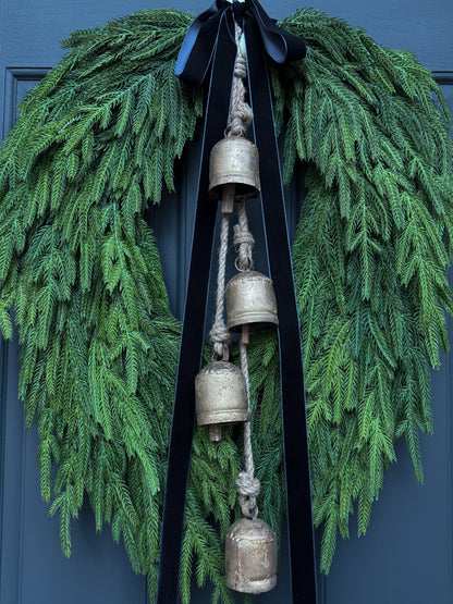 Faux Norfolk Pine Wreath with Bells & Navy Blue Velvet Bow