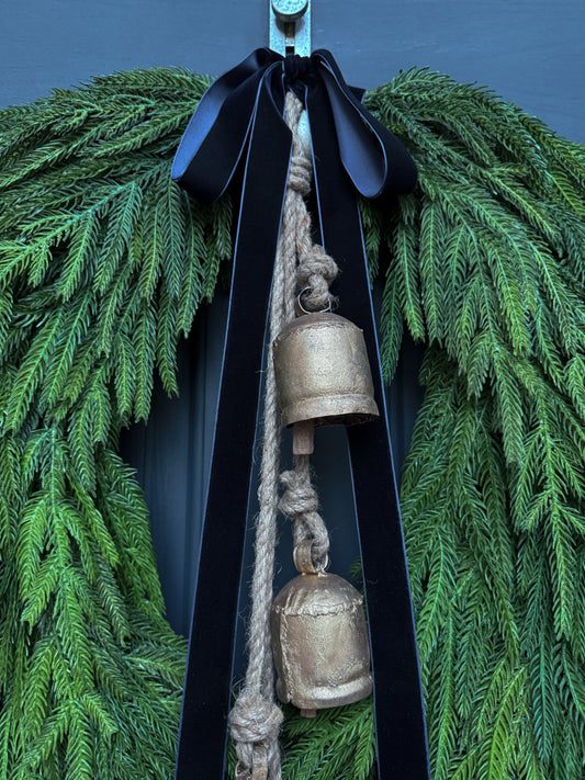 Faux Norfolk Pine Wreath with Bells & Navy Blue Velvet Bow