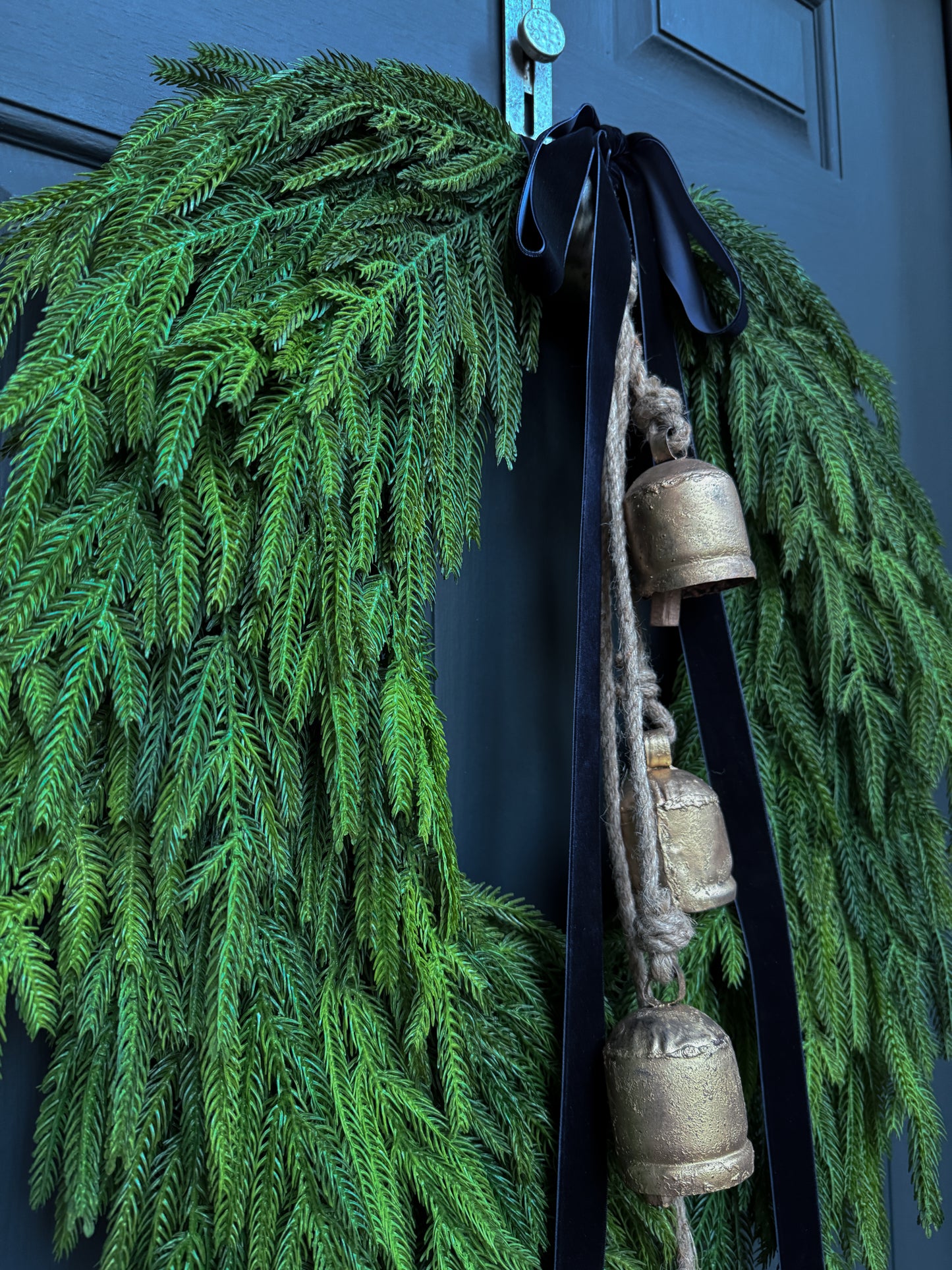 Faux Norfolk Pine Wreath with Bells & Navy Blue Velvet Bow