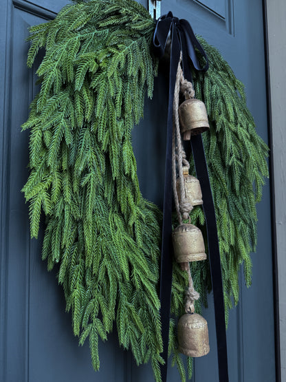 Faux Norfolk Pine Wreath with Bells and Red & White Striped Bow