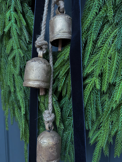 Faux Norfolk Pine Wreath with Bells & Navy Blue Velvet Bow