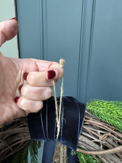 Faux Norfolk Pine Wreath with Bells & Navy Blue Velvet Bow