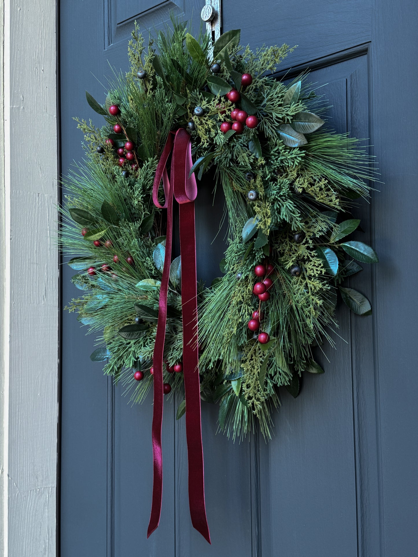 Christmas Greenery & Red Berry Wreath with Red Velvet Ribbon