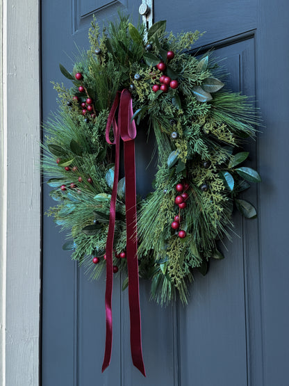 Christmas Greenery & Red Berry Wreath with Red Velvet Ribbon