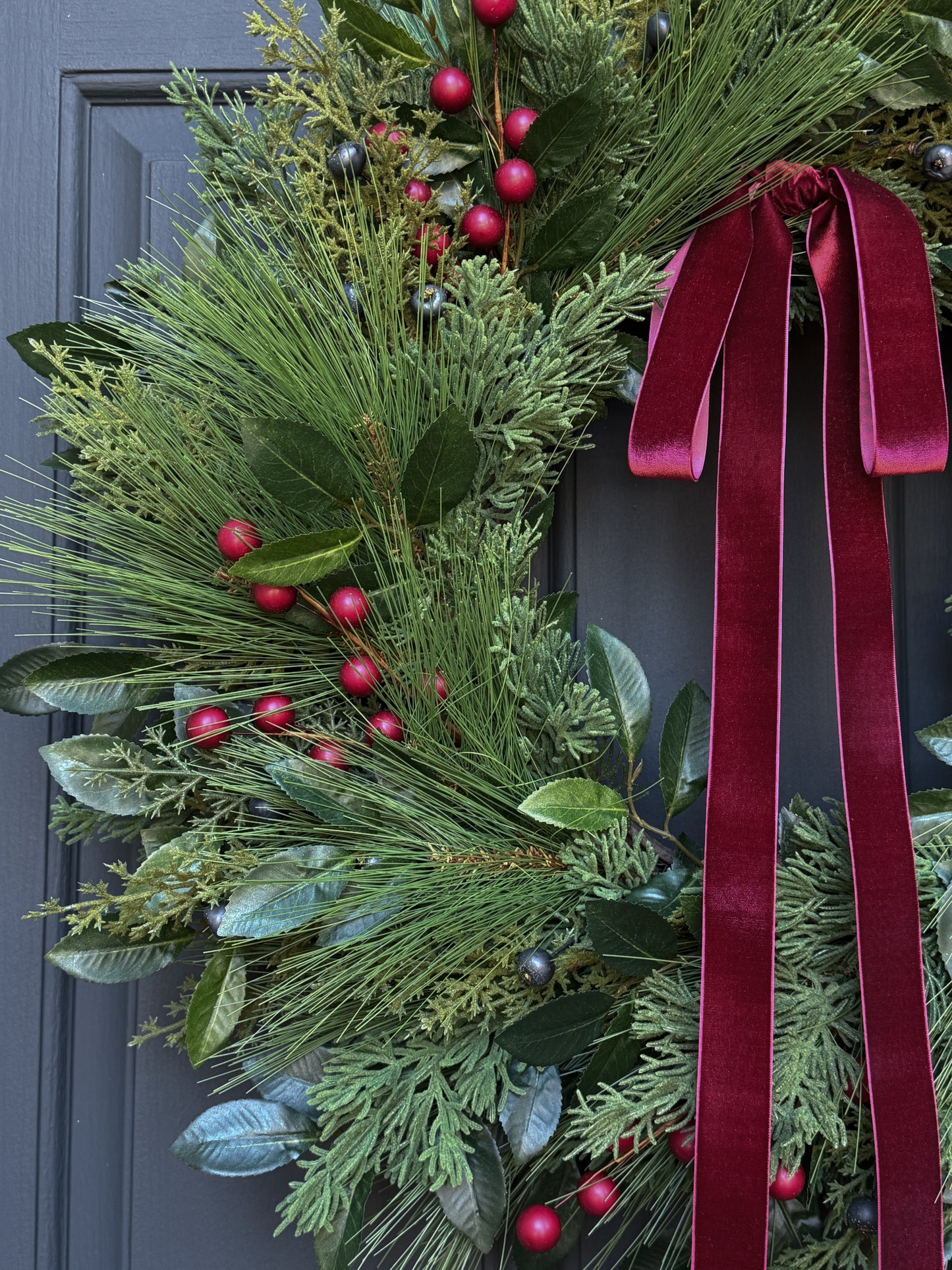 Christmas Greenery & Red Berry Wreath with Red Velvet Ribbon